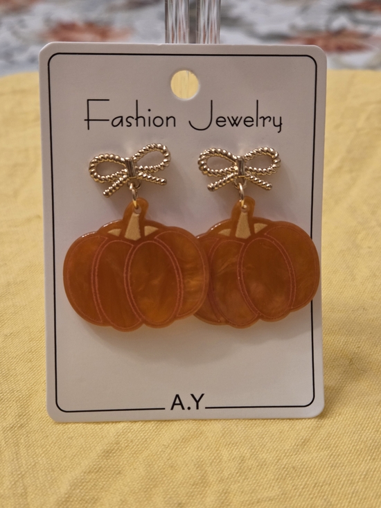 Jewelry - Golden Orange Pumpkin Drop Earrings With Gold Bows